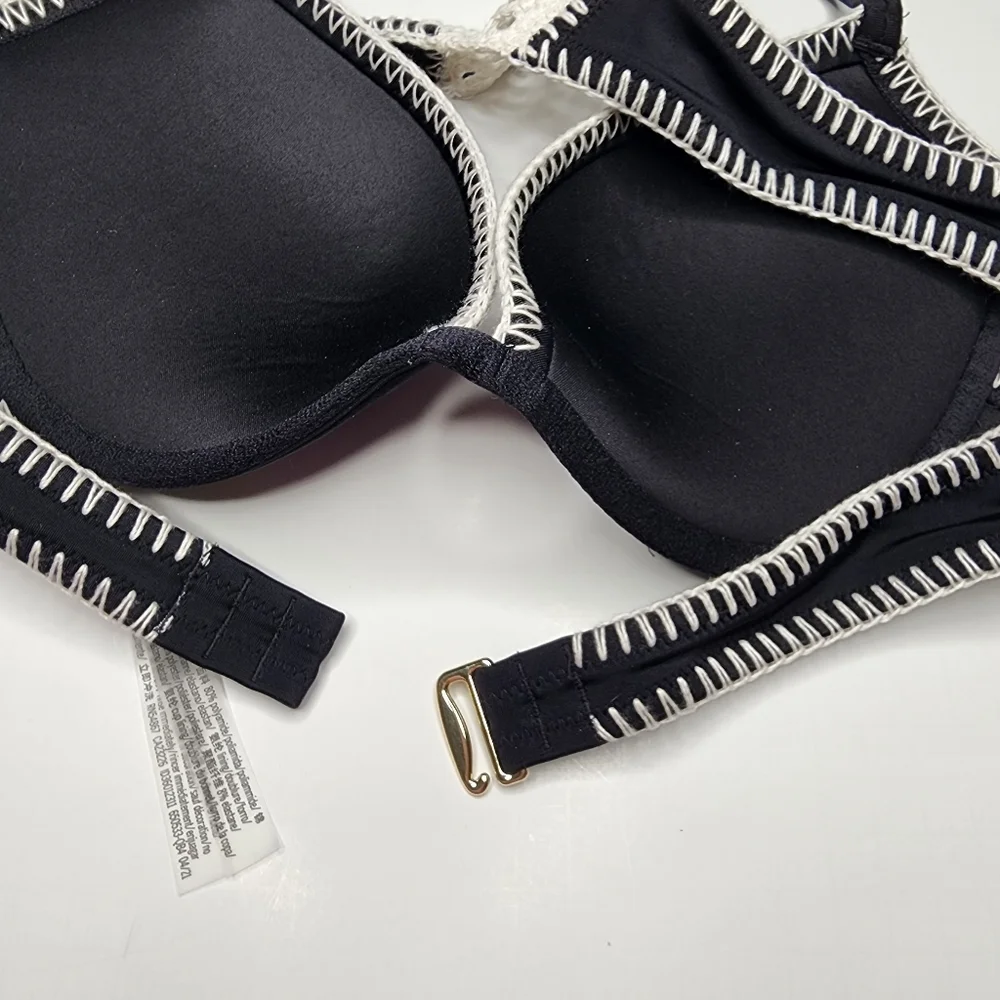NEW Victorias Secret Bikini Top 34D Carova Crotchet Black Racerback Pushup